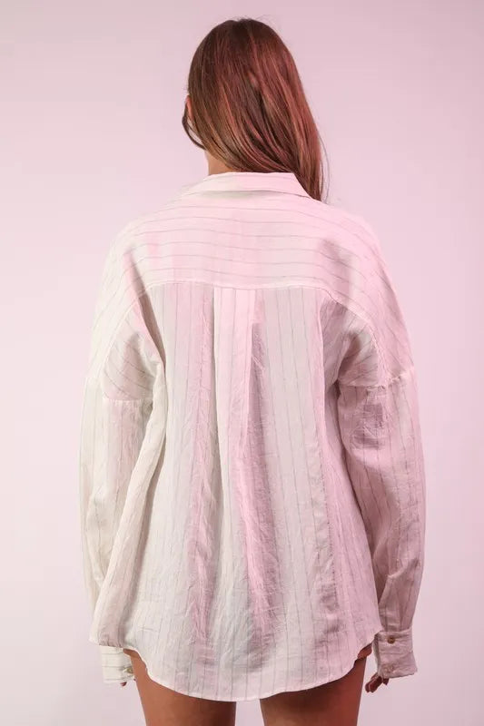 VERY J Oversized Striped Button Down Shirt Top