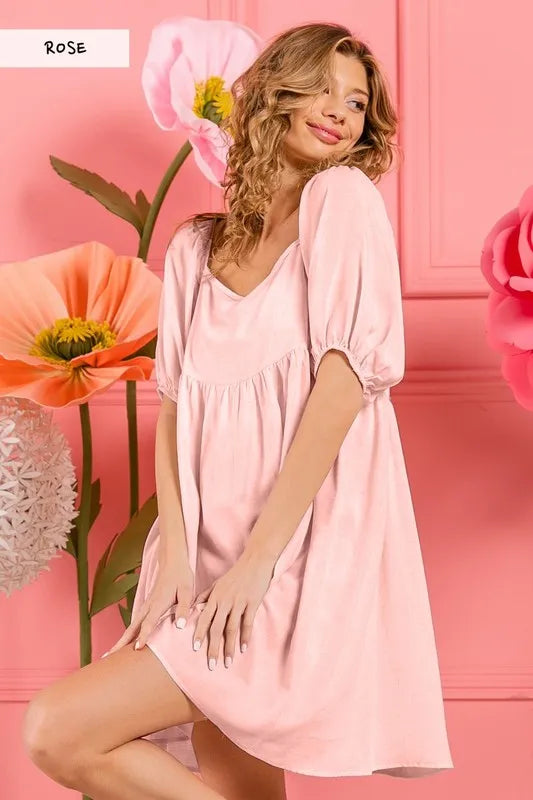 BiBi Washed Linen Tiered Midi Dress with Puff Sleeves