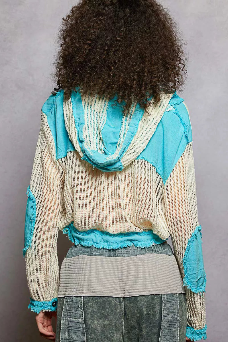 POL Texture Woven Button Down Hooded Shirt with Drawstring Hem