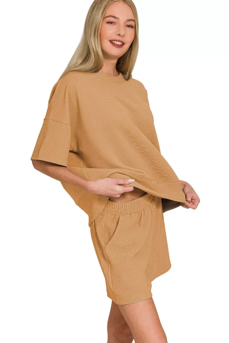 Zenana Ribbed Round Neck Waist Banded Tee & Shorts Set