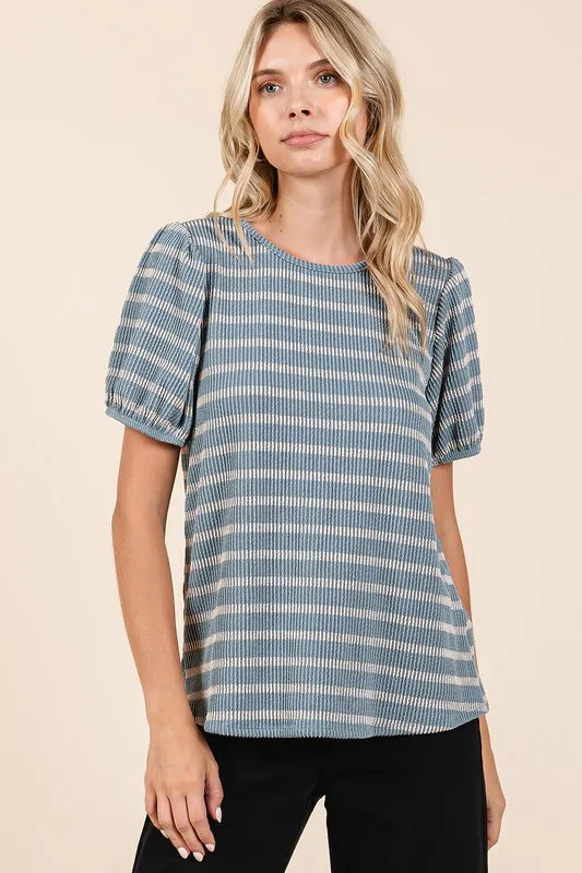 Mittoshop Contrast Striped Short Puff Sleeve Knit Top