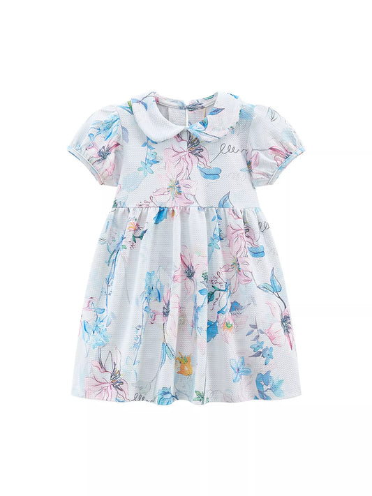 Children's Floral Print Peter Pan Collar Puff Sleeve Dress
