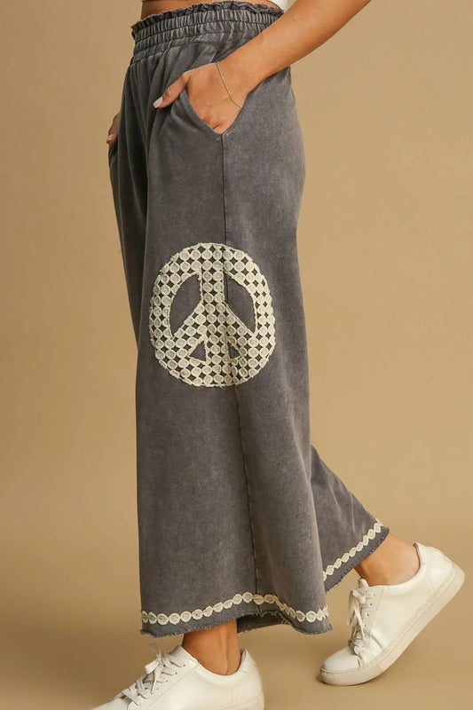 Umgee Full Size Peace Lace Applique Mineral Wash Wide Leg Pants Plus Size
