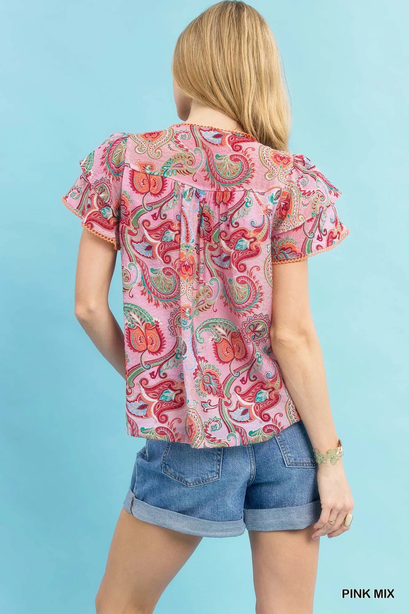 Umgee Mix Paisley Ruffle Sleeve Top