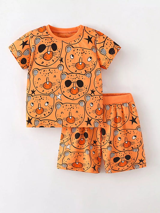 Children's Bear Print Round Neck Top and Shorts Set