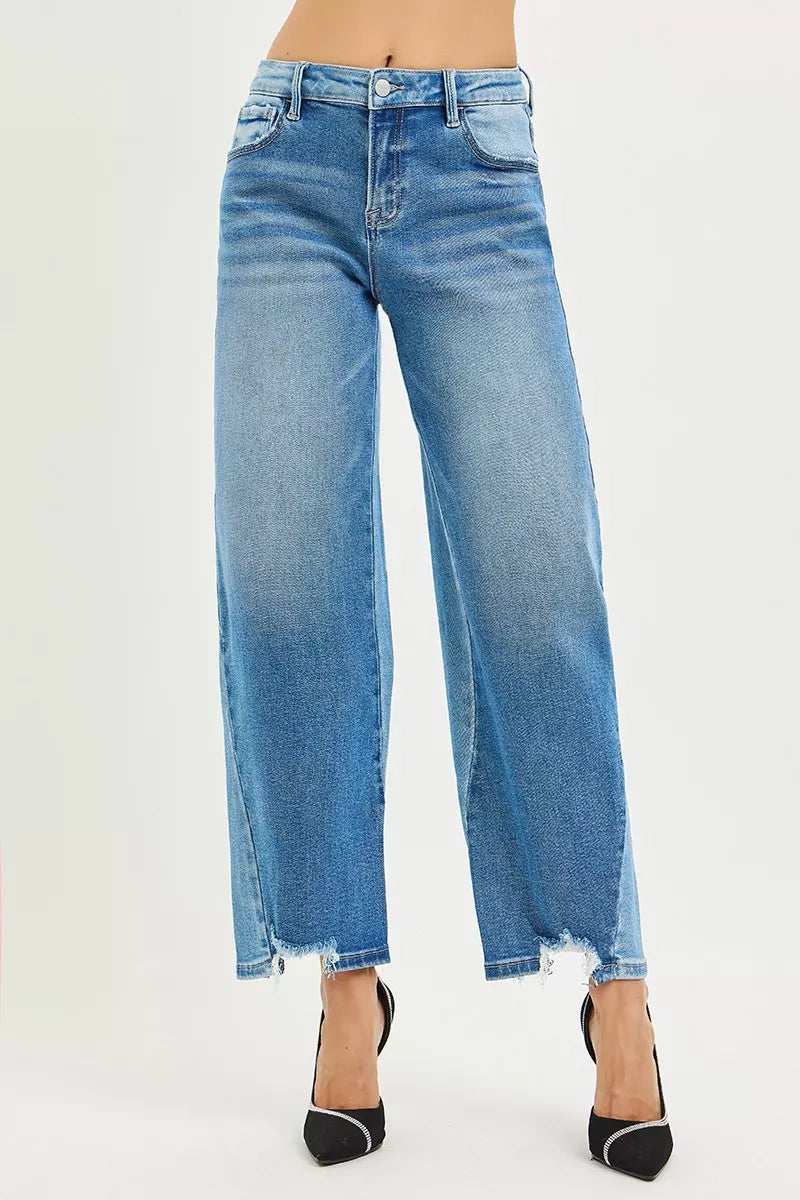 RISEN Full Size Slouchy Cropped Barrel Jeans with Contrast Wash Plus Size