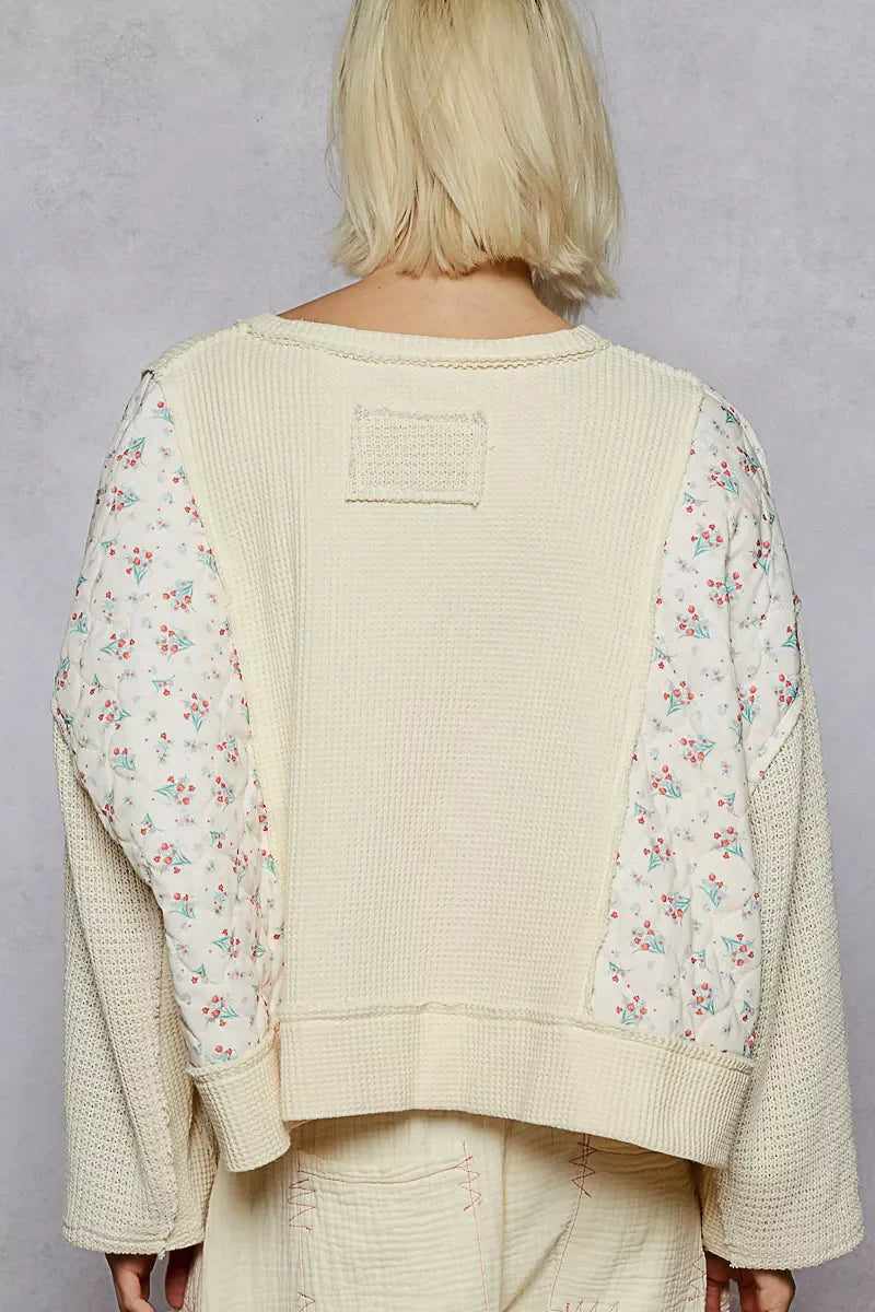 POL Mix Thermal Floral Pattern Quilted Knit Cropped Top with Raw Edge Detail