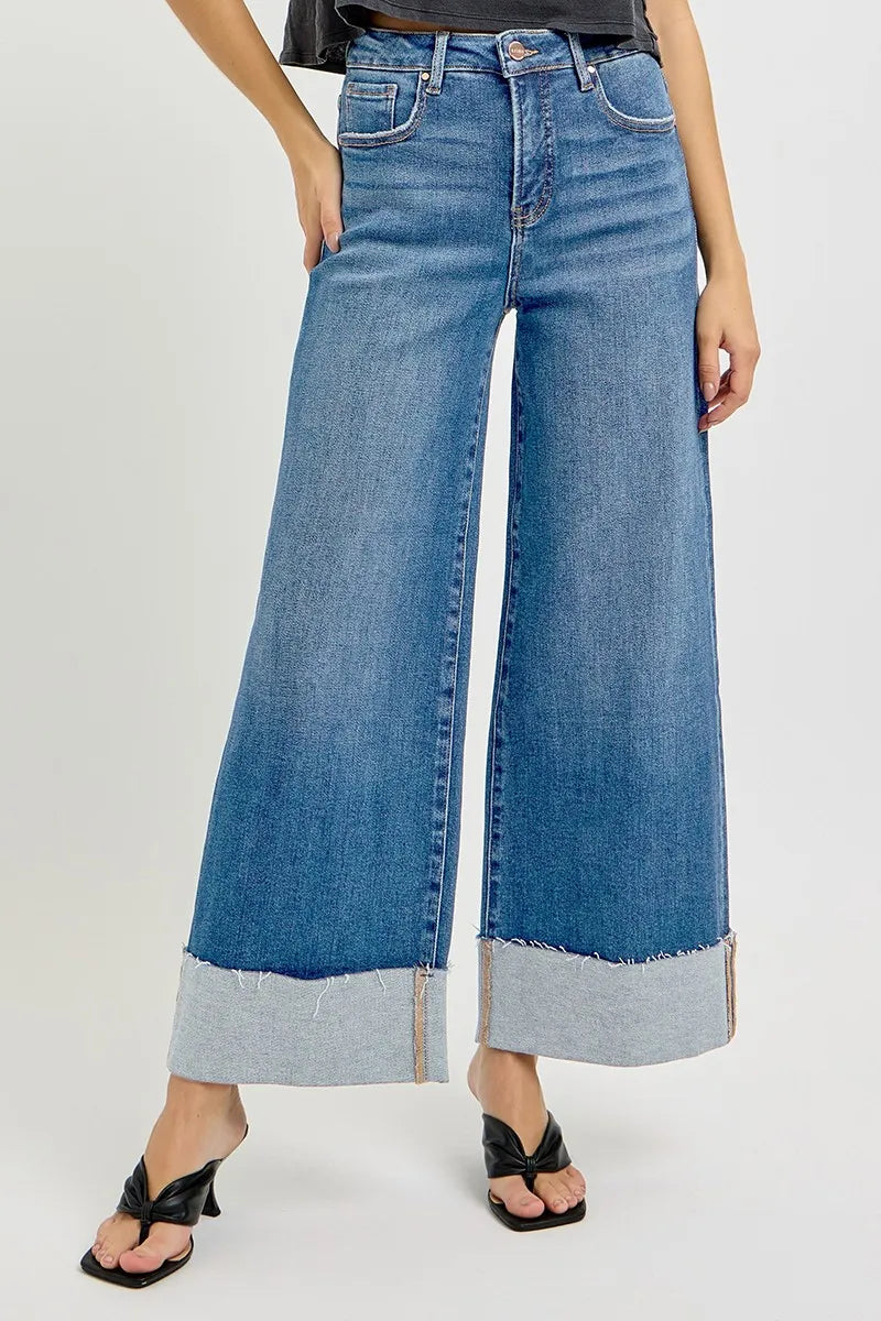 RISEN Full Size Tummy Control High Rise Crop Wide Cuffed Jeans Plus Size