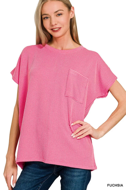 Zenana Raised Rib Front Pocket Boxy Top