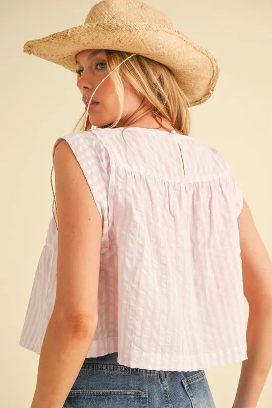 Aemi+Co Ruched Striped Round Neck Sleeveless Top