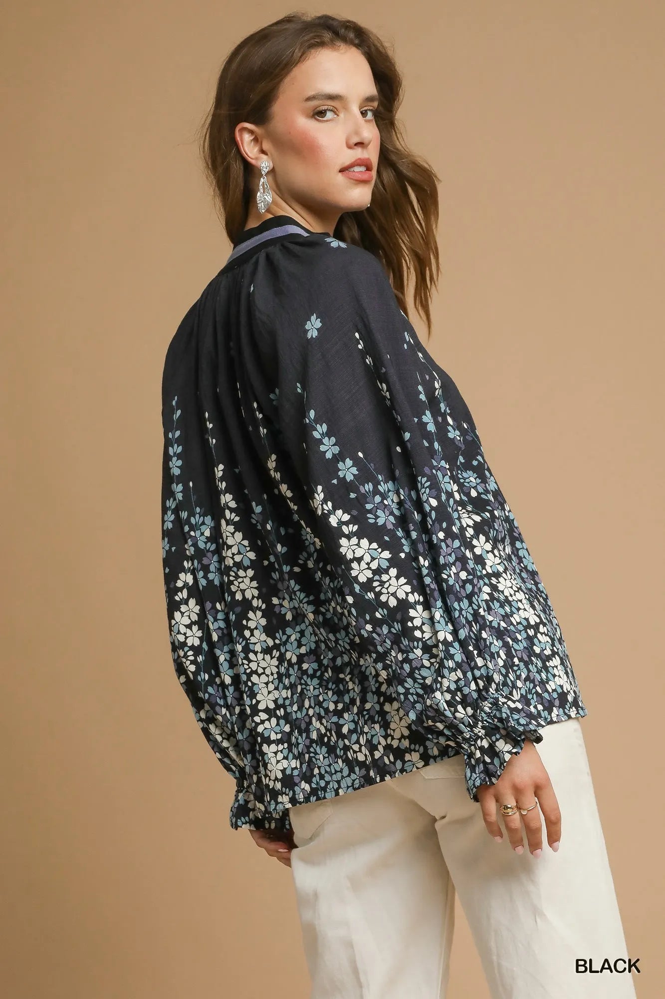 Umgee Full Size Floral Vine Print Blouse with Balloon Sleeves Plus Size