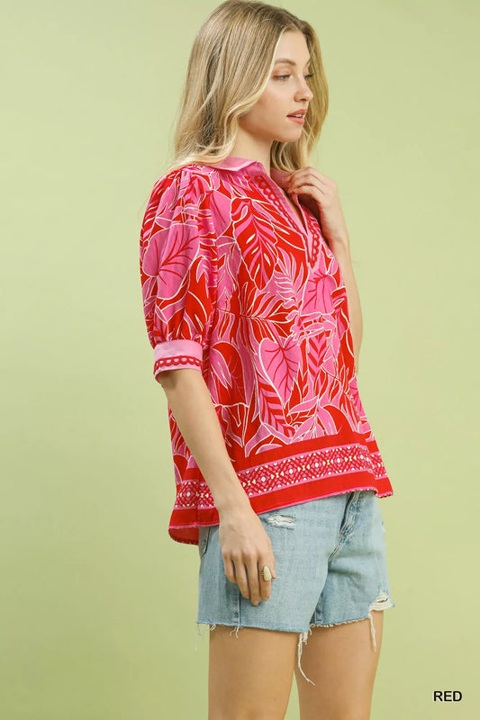 Umgee Tropical Print Puff Sleeve Blouse