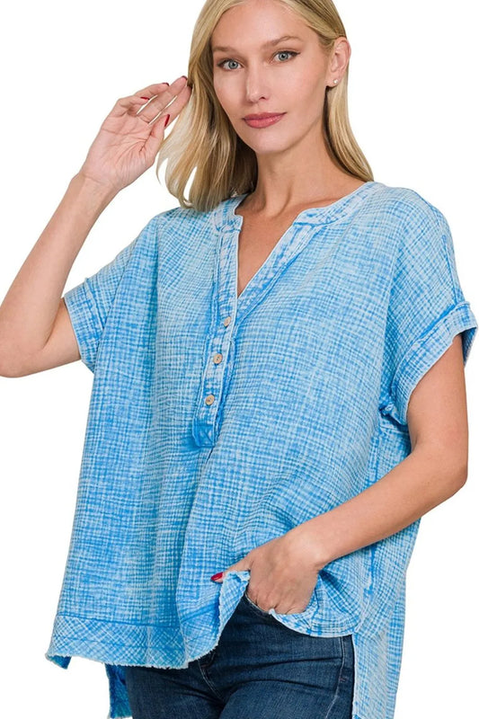 Zenana Washed Double Gauze 3/4 Button Henley Neck Shirt