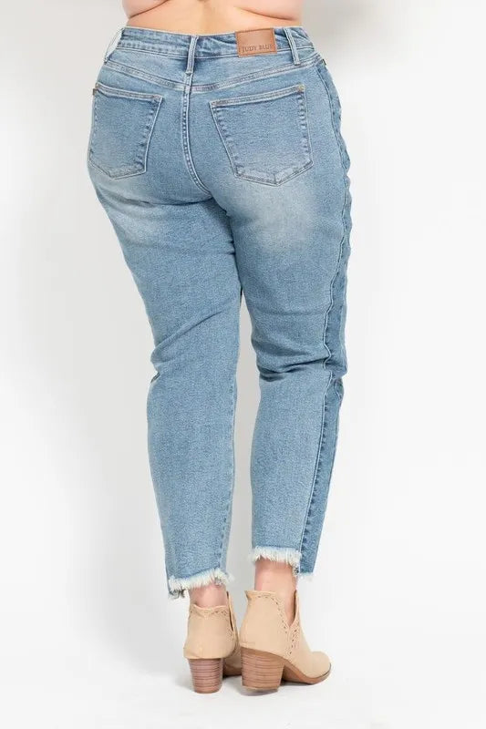 Judy Blue Full Size Vintage Wash Side Panel Detail with Fray Hem Slim Plus Size