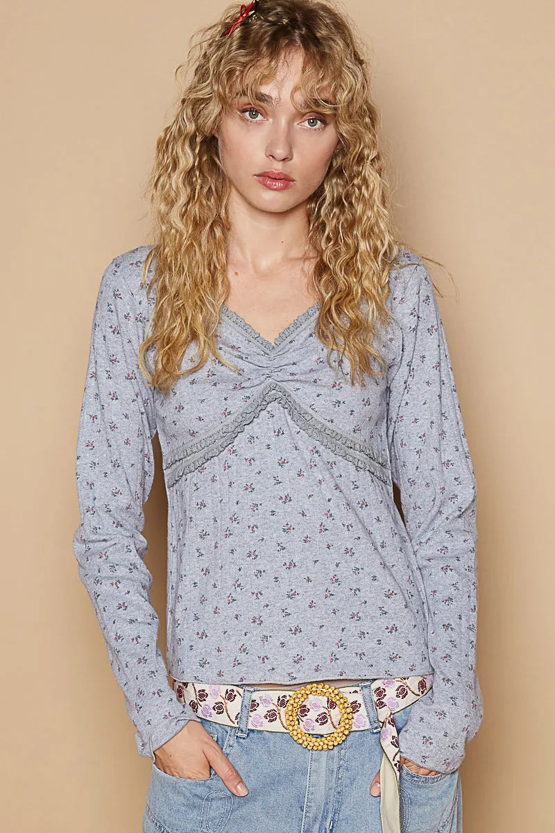 POL Floral V-Neck Long Sleeve T-Shirt