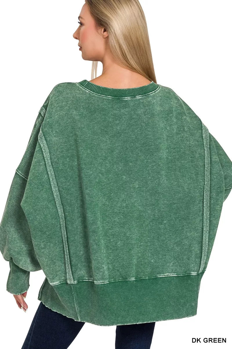 Zenana Acid Washed Batwing Sleeve Fleece Sweatshirt