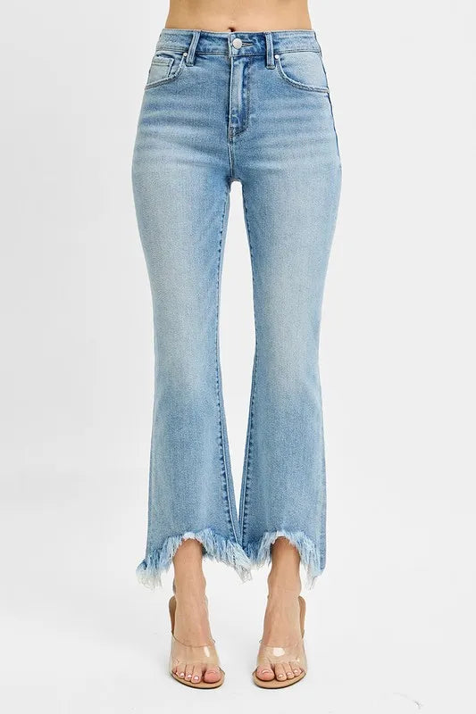 RISEN Full Size High Rise Crop Bootcut Fray Hem Jeans Plus Size