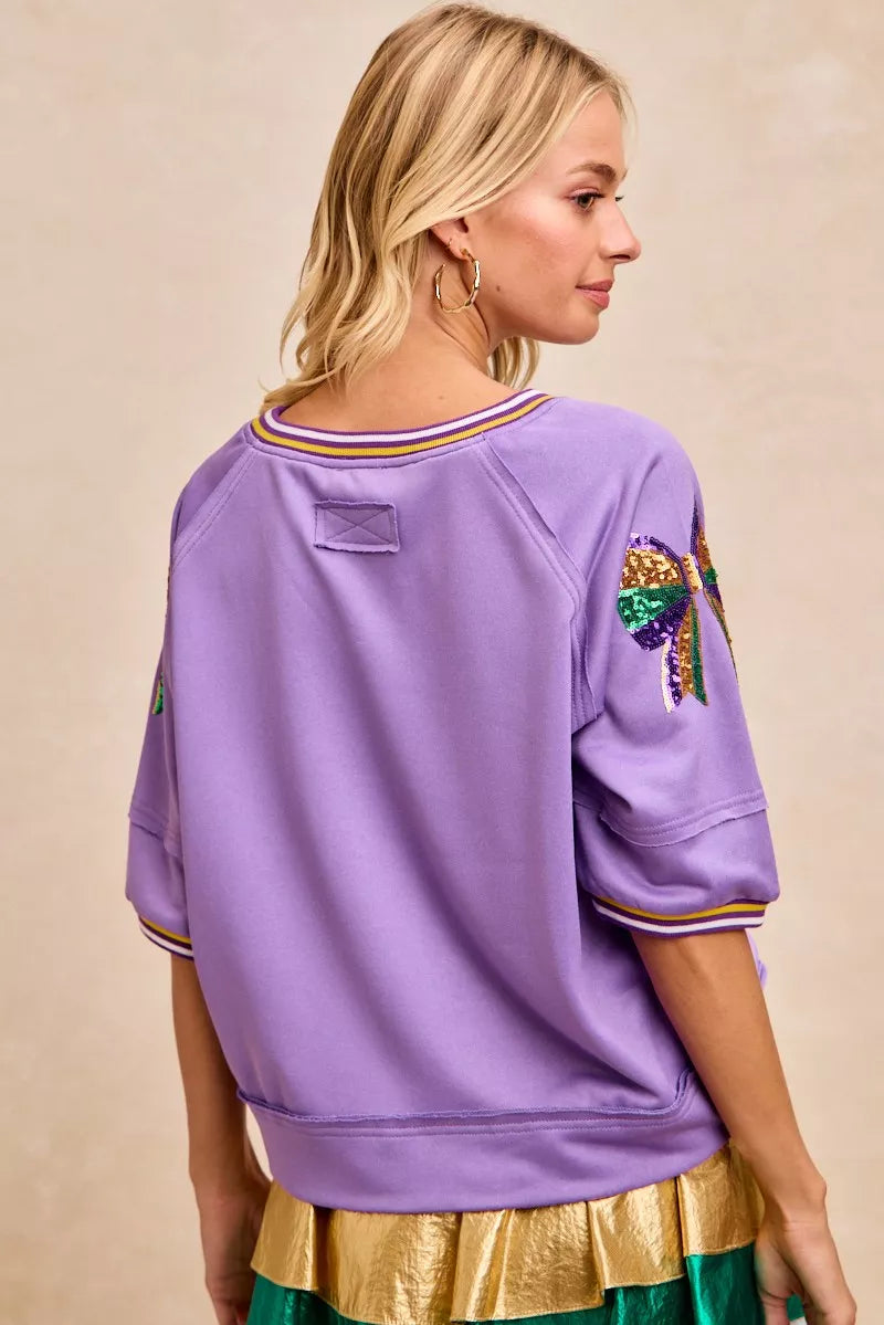 BiBi Mardi Gras Theme Ribbon Sequin Patched Top