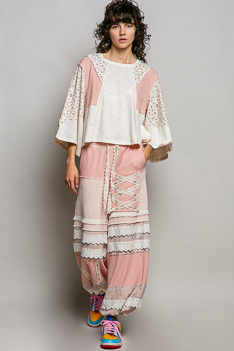 POL Exposed Seam Floral Patchwork Round Neck Textured Slub Knit Top