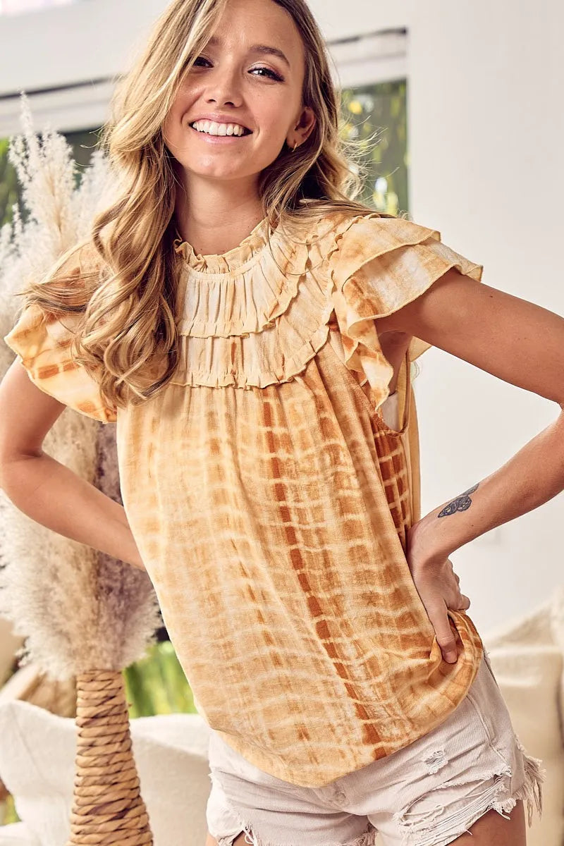BiBi Tiered Ruffle Neck Tie Dye Top