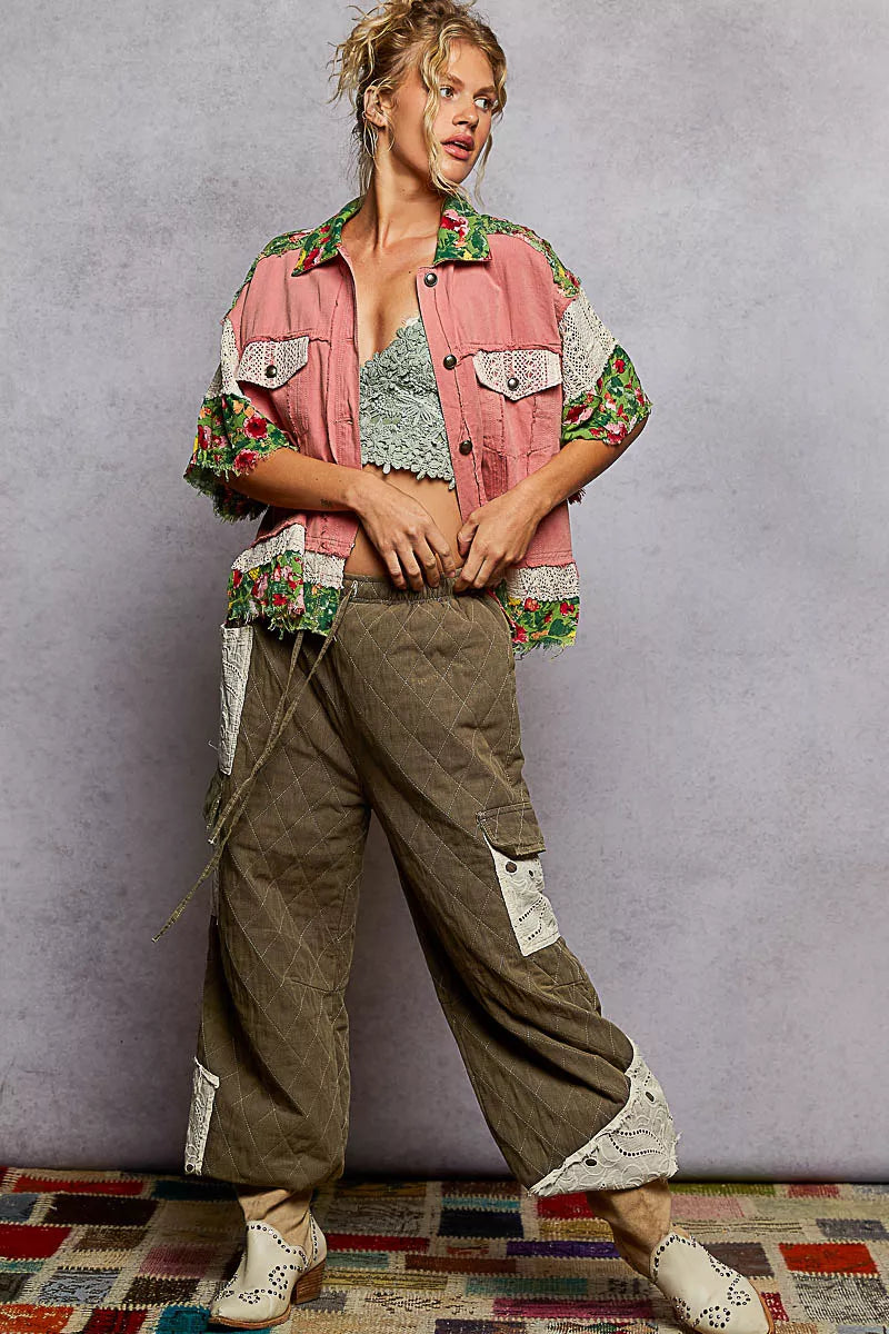 POL Lace Patch Floral Half Sleeve Shacket