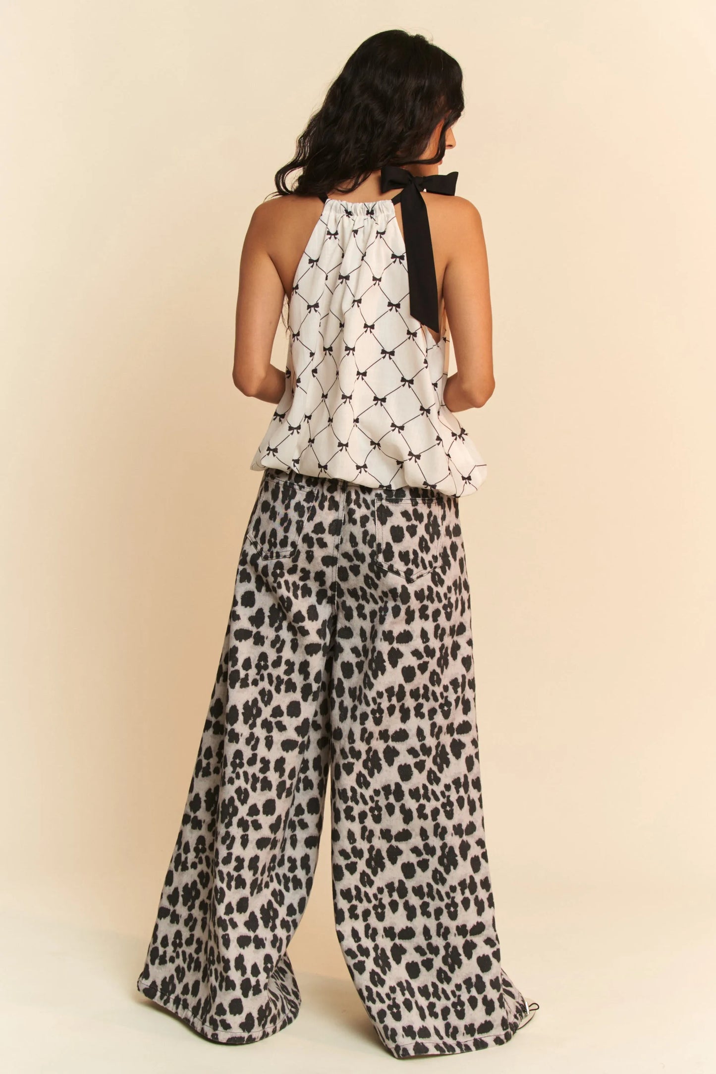 Davi & Dani Ribbon Checker Printed Tie Halter Neck Blouse Top