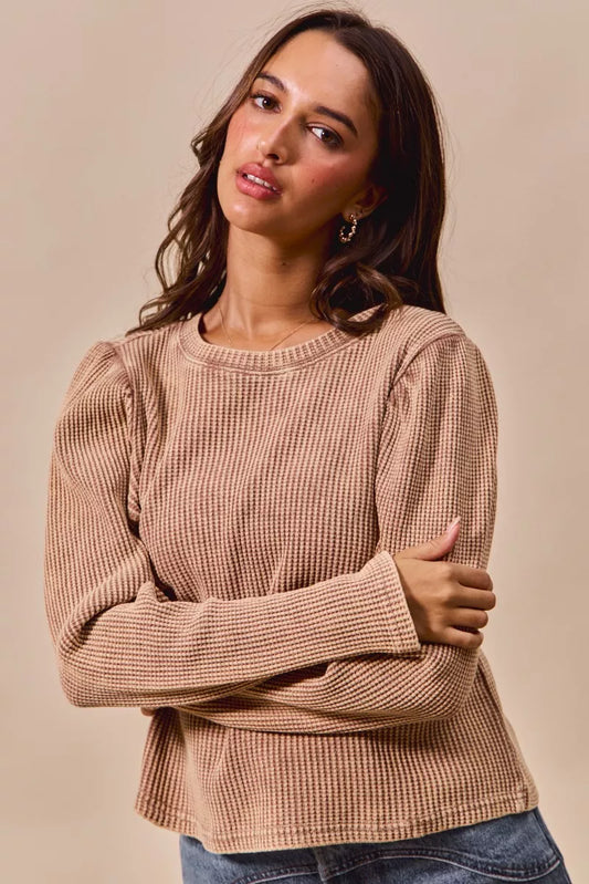 SO ME Mineral Washed Waffle Top With Puff Sleeves