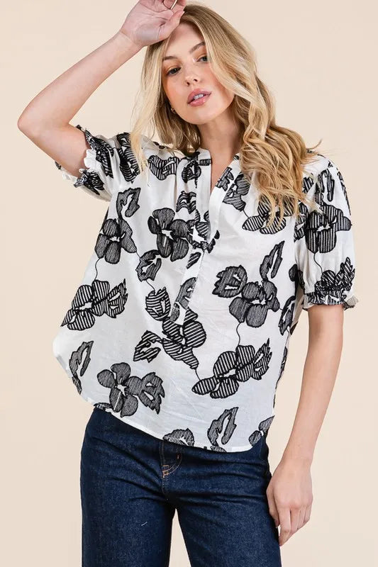 Lime 'N' Chili Embroidered Split Neck Puff Sleeve Blouse