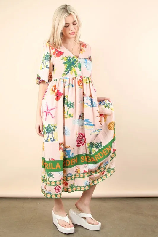 VERY J Button Down Printed Midi Dress