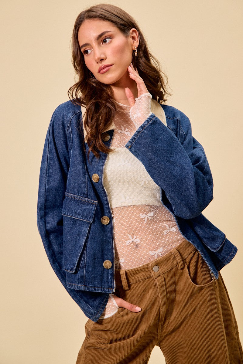 SO ME Zip Up And Buttoned Denim Jacket