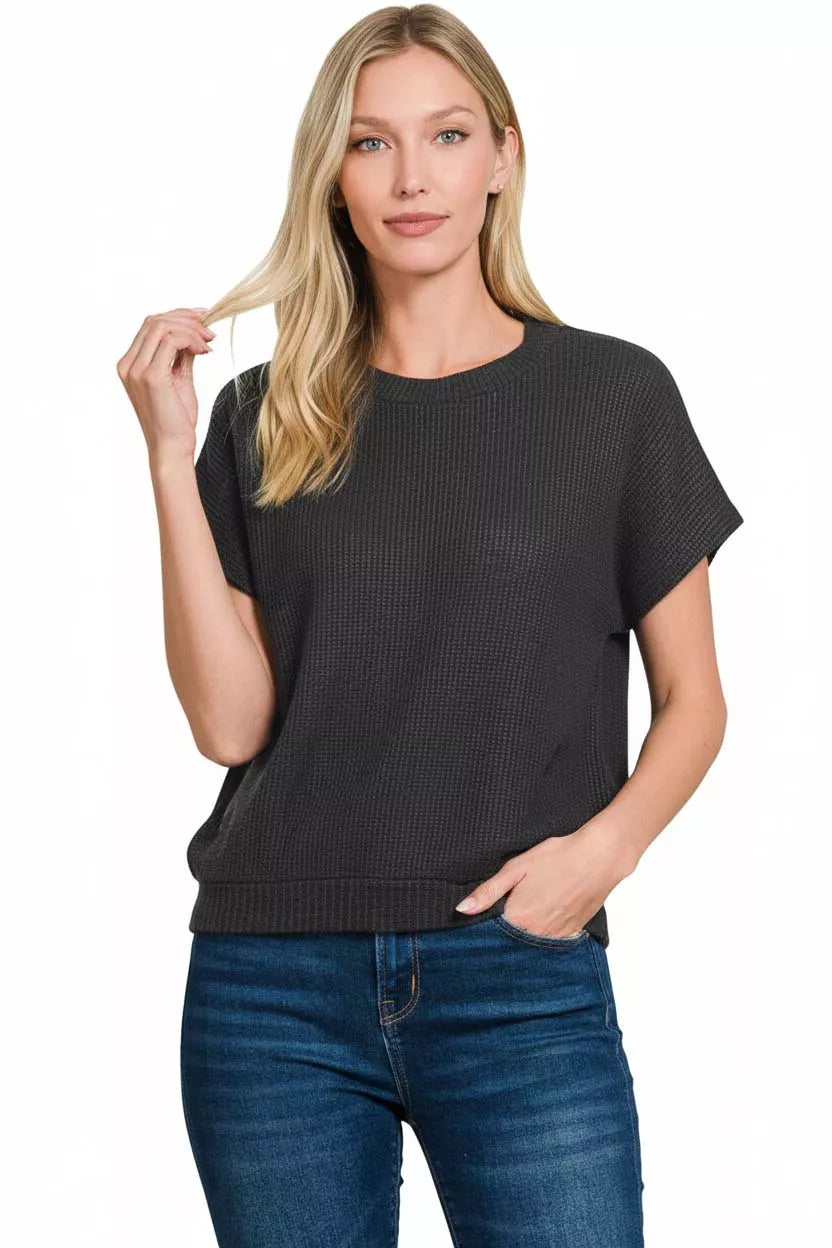 Zenana Round Neck Banded Botton Short Sleeve Sweater