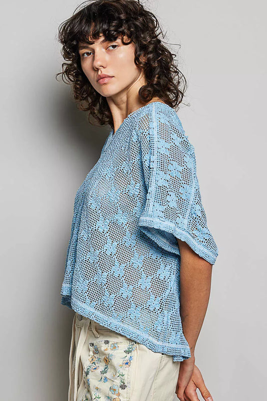POL Crochet Lace Short Sleeve Top