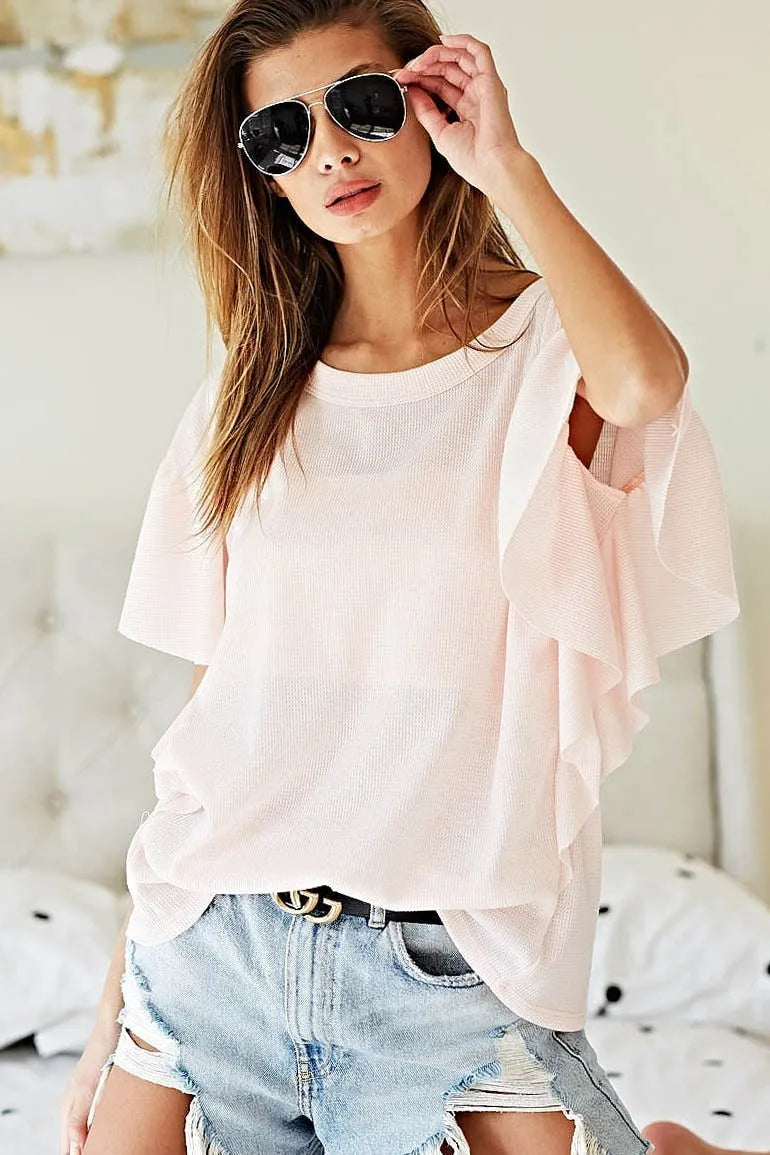 BiBi Thermal Knit with Ruffled Sleeve Top