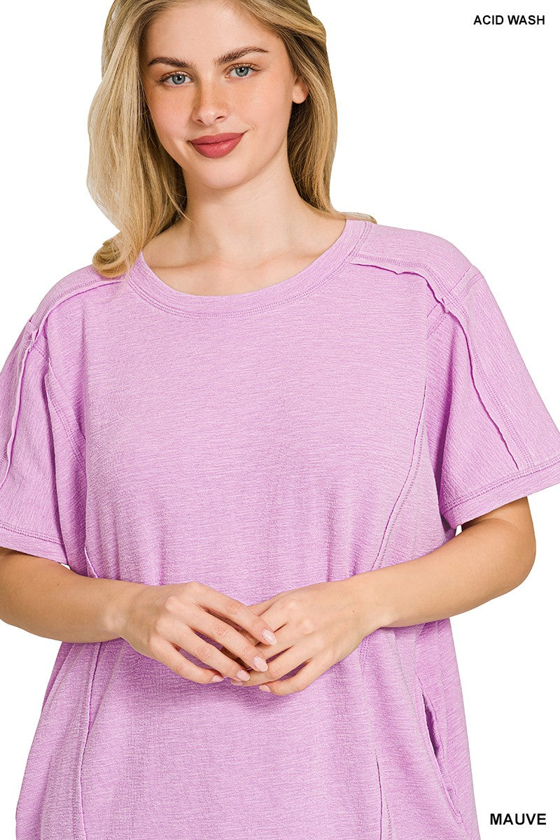Zenana Washed Slub Short Sleeve Dress With Pockets
