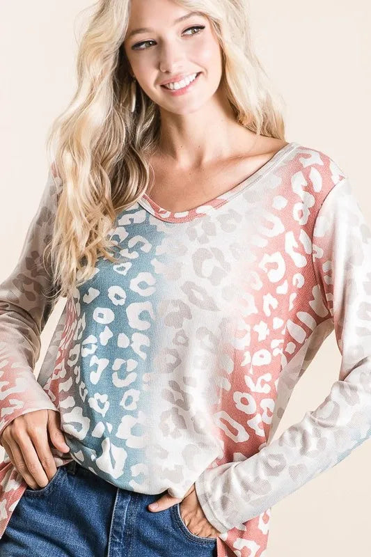 BiBi Gradation Leopard Print Textured Knit Top