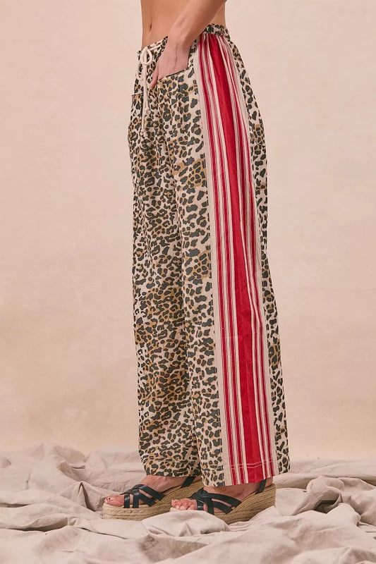 BiBi Leopard Print Pants with Side Contrast and Tucking Welt Pocke