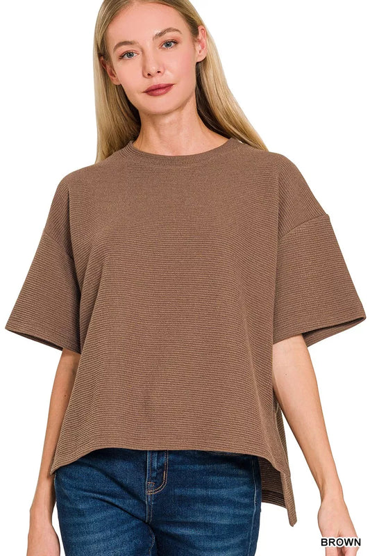 Zenana Full Size Double Knit Side Slits Hi Low Short Sleeve Top Plus Size