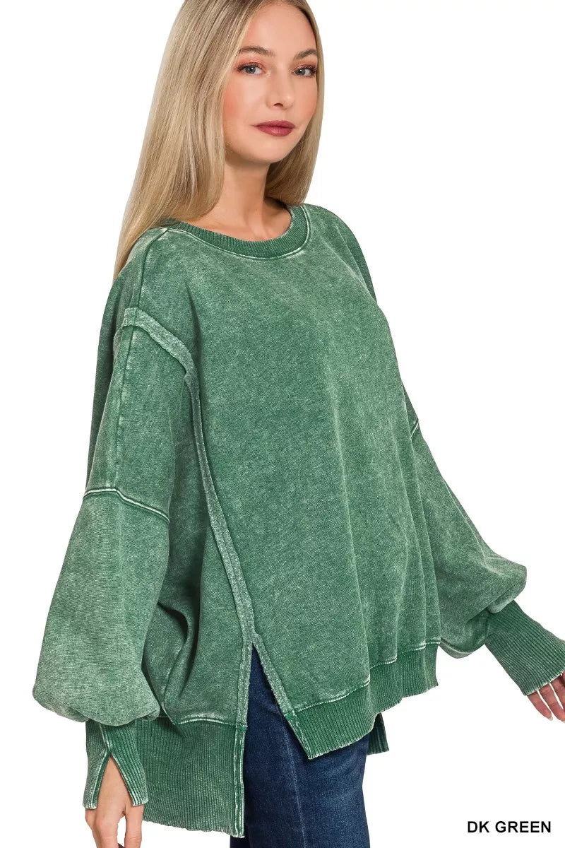 Zenana Acid Washed Batwing Sleeve Fleece Sweatshirt