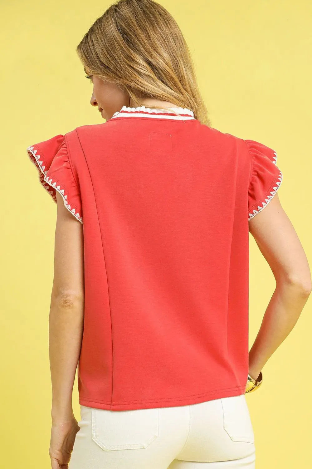 Umgee Contrast Trim Ruffle Cap Sleeve Blouse