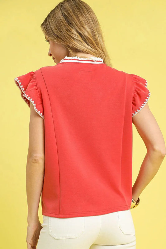 Umgee Contrast Trim Ruffle Cap Sleeve Blouse