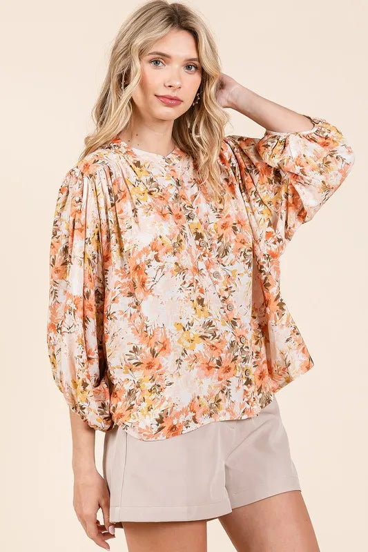 Mittoshop Flower Print Batwing Sleeve Button Down Blouse