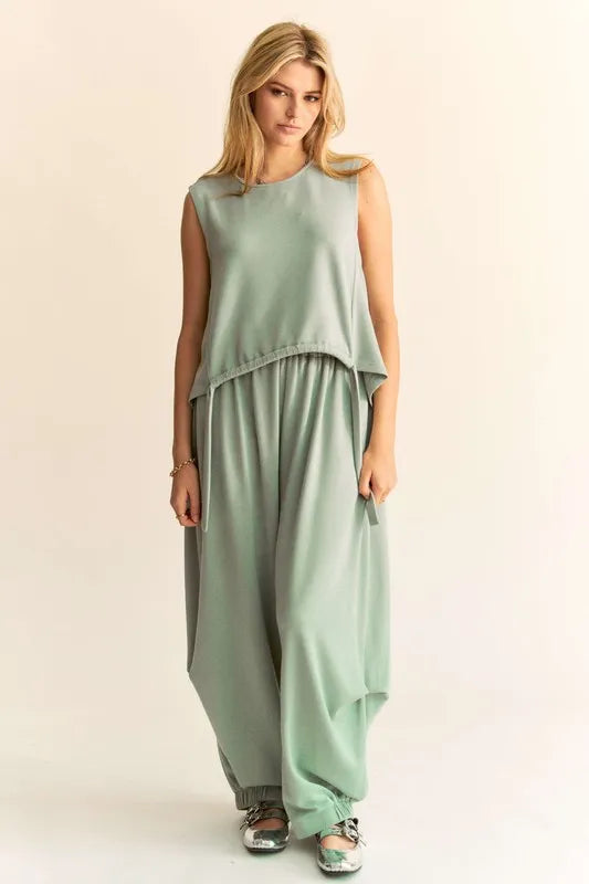 Davi & Dani Drawstring Hem Round Neck Tank and Pants Set