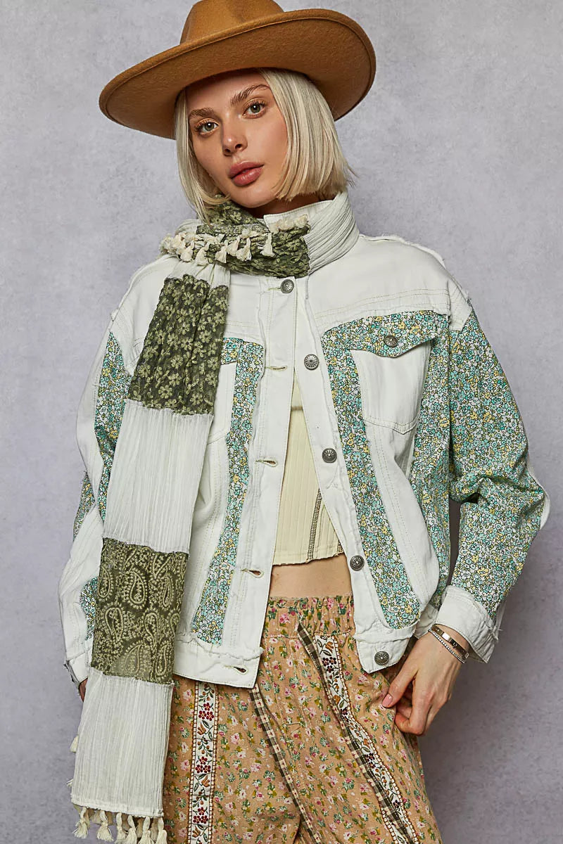 POL Button Down Patchwork Denim Jacket with Floral Print Details