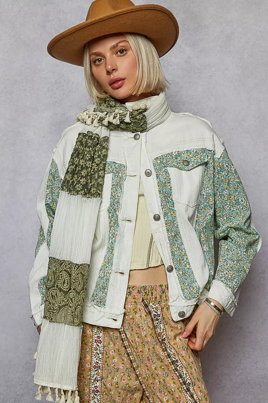 POL Button Down Patchwork Denim Jacket with Floral Print Details