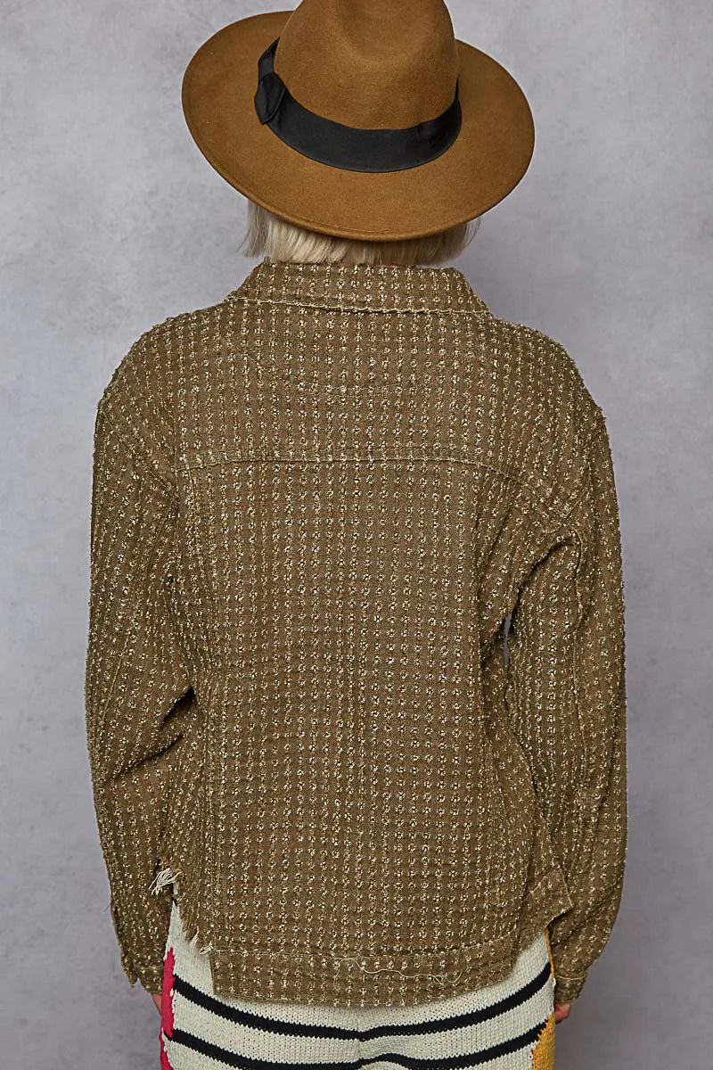 POL Raw Hem Button Up Jacket with Chest Pockets