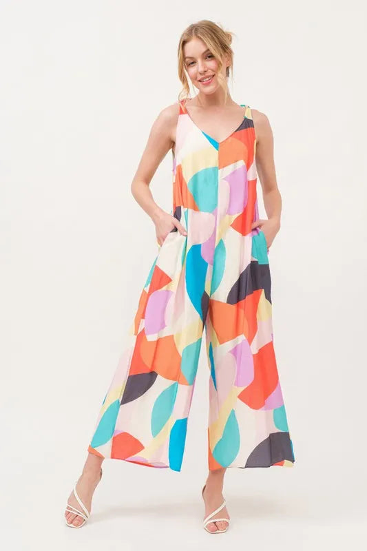 And The Why Tied Shoulder Straps Wide-Leg Geo Print Jumpsuit