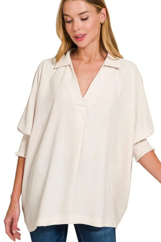 Zenana Airflow Collar Tee with Smocked Sleeve Band Top