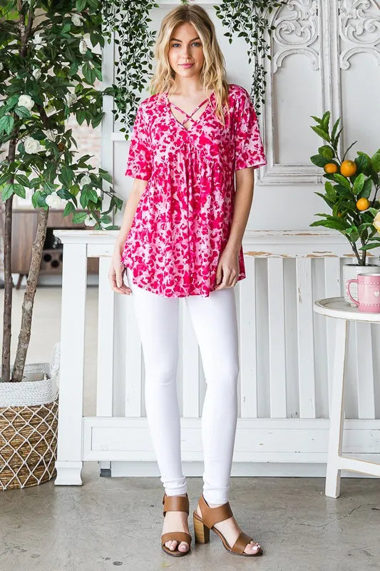 Heimish Full Size Short Sleeve Crisscross Animal Babydoll Top Plus Size