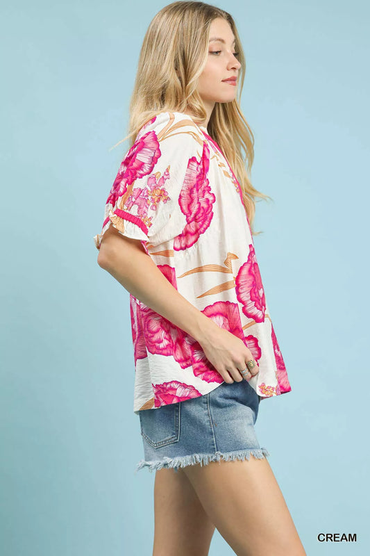 Umgee Floral V-Neck Puff Sleeve Blouse