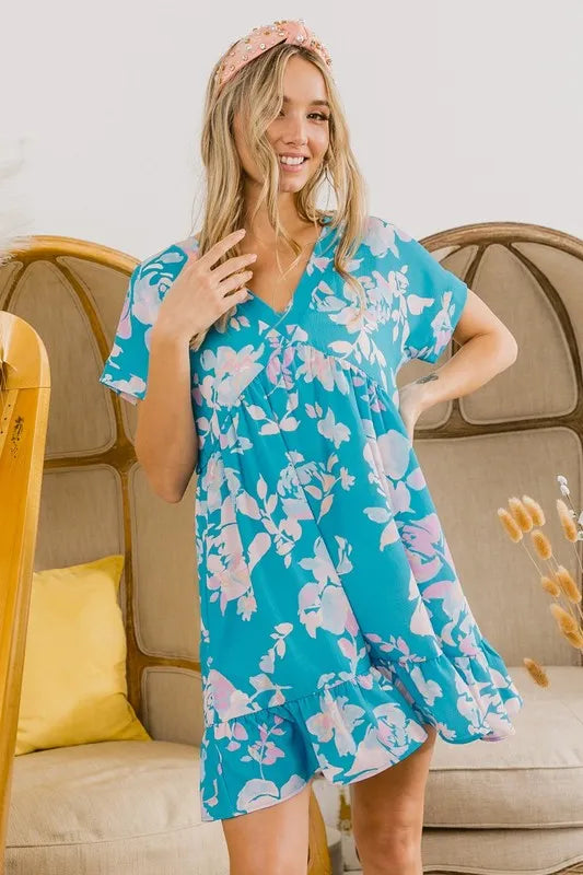 BiBi Floral Crinkle Shirred Ruffle Detail V Neck Dress